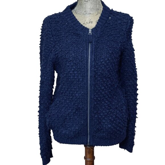 Lucky Brand M Med Chunky Knit Cardigan Zip Navy Blue Wool Blend Sweater Alpaca - Picture 1 of 13